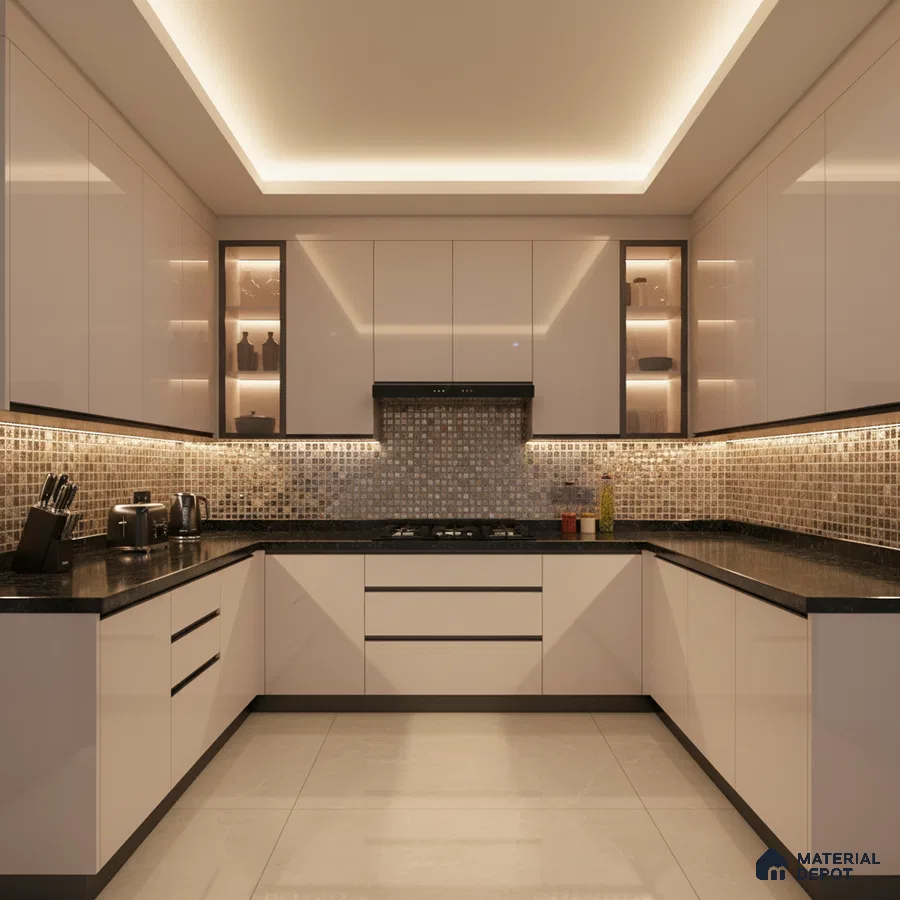 Modern U-shaped kitchen with high gloss white laminate, black granite countertop, and mosaic backsplash tiles in Bengaluru