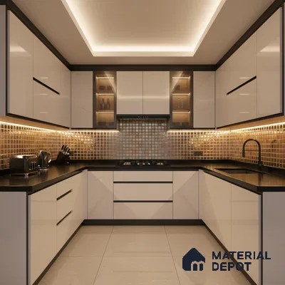Modern U-shaped kitchen with high gloss white laminate, black quartz countertop, and bronze mosaic backsplash tiles in Bengaluru