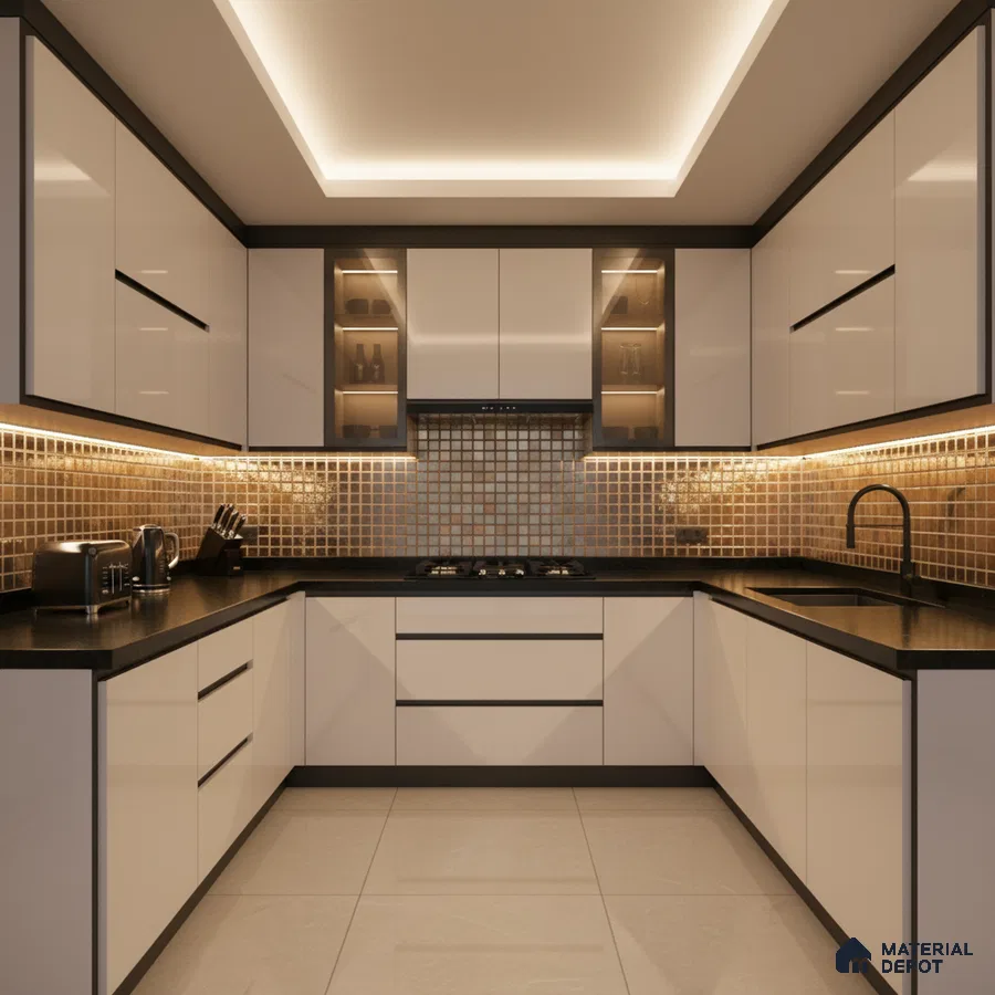 Modern U-shaped kitchen with high gloss white laminate, black quartz countertop, and bronze mosaic backsplash tiles in Bengaluru