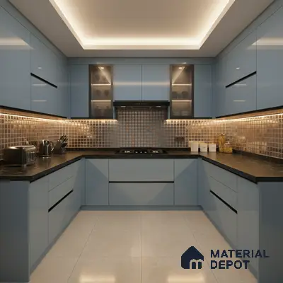Modern U-shaped kitchen with pastel blue high gloss laminate, black quartz countertop, and metallic mosaic backsplash tiles in Bengaluru