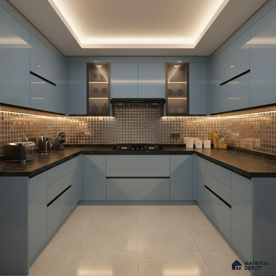 Modern U-shaped kitchen with pastel blue high gloss laminate, black quartz countertop, and metallic mosaic backsplash tiles in Bengaluru