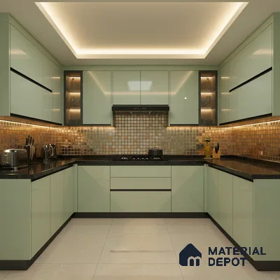 Modern U-shaped kitchen with pastel green high gloss laminate, black granite countertop, and metallic mosaic backsplash tiles in Bengaluru