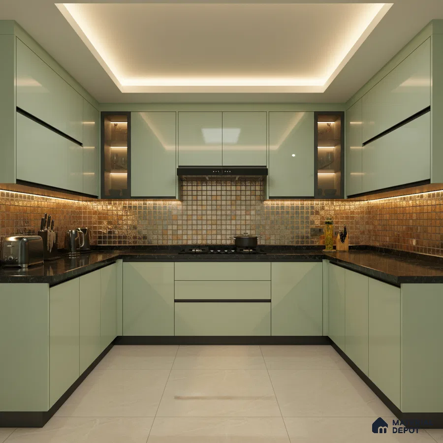 Modern U-shaped kitchen with pastel green high gloss laminate, black granite countertop, and metallic mosaic backsplash tiles in Bengaluru