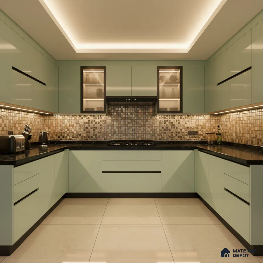 Modern U-shaped kitchen with pastel green high gloss laminate, mosaic tile backsplash, and black granite countertop in Bengaluru