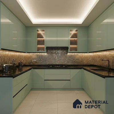 Modern U-shaped kitchen with pastel green laminate, black quartz countertop, and metallic mosaic backsplash tiles in Bengaluru