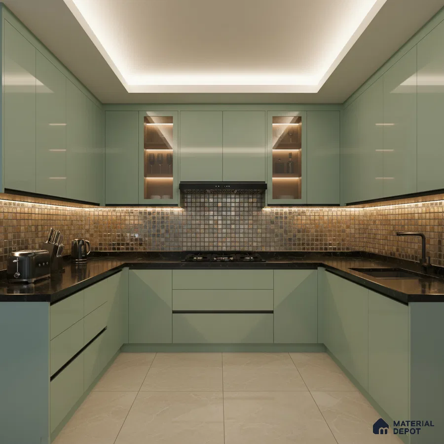 Modern U-shaped kitchen with pastel green laminate, black quartz countertop, and metallic mosaic backsplash tiles in Bengaluru