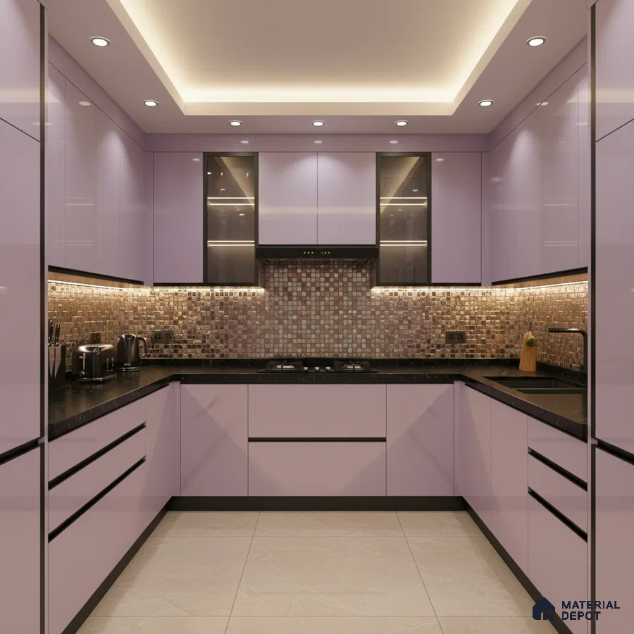Modern U-shaped kitchen with pastel lavender high gloss laminate, black quartz countertop, and mosaic backsplash tiles in Bengaluru