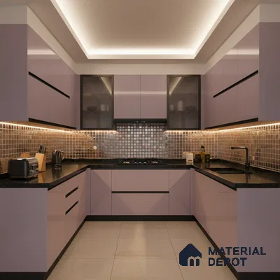 Modern U-shaped kitchen with pastel mauve laminate, black granite countertop, and metallic mosaic backsplash tiles in Bengaluru