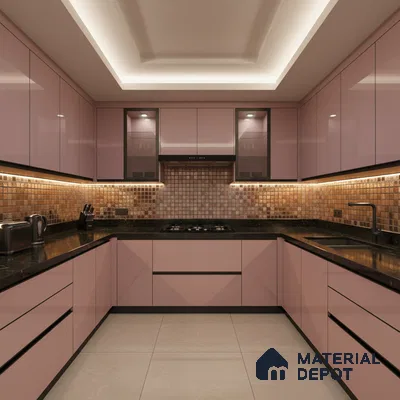 Modern U-shaped kitchen with pastel pink high gloss laminate, black granite countertop, and mosaic tile backsplash in Bengaluru