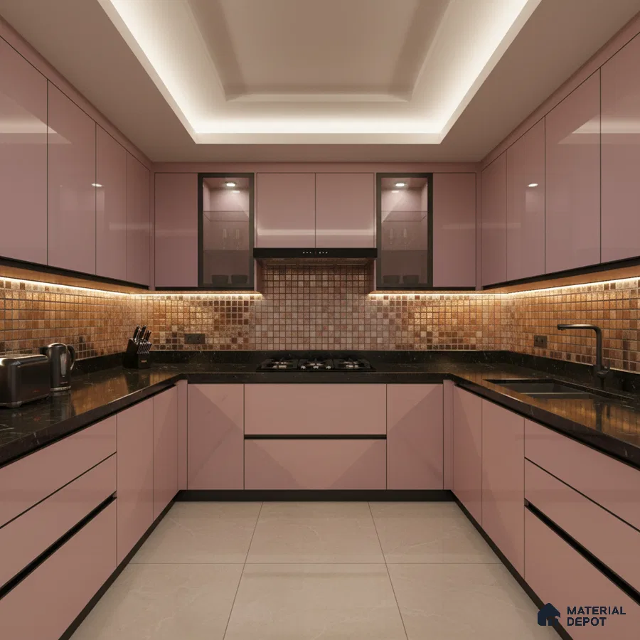 Modern U-shaped kitchen with pastel pink high gloss laminate, black granite countertop, and mosaic tile backsplash in Bengaluru