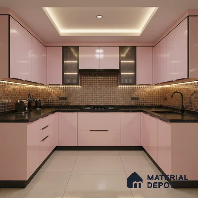 Modern U-shaped kitchen with pastel pink high gloss laminate, black quartz countertop, and bronze mosaic backsplash tiles in Bengaluru