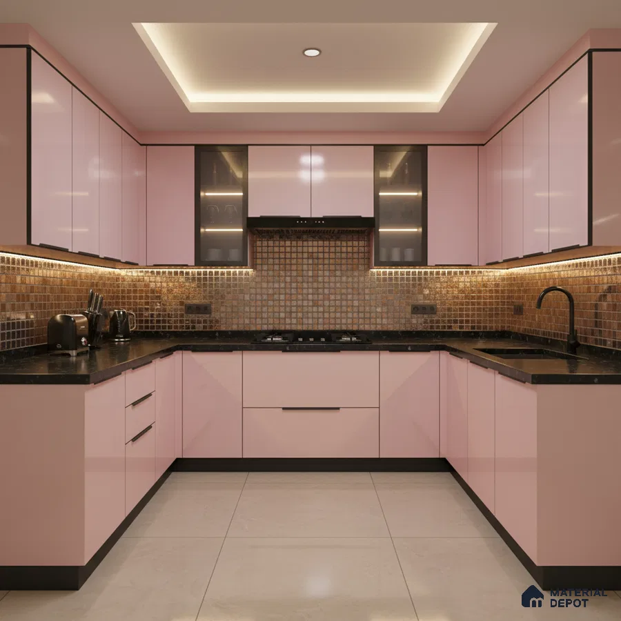 Modern U-shaped kitchen with pastel pink high gloss laminate, black quartz countertop, and bronze mosaic backsplash tiles in Bengaluru