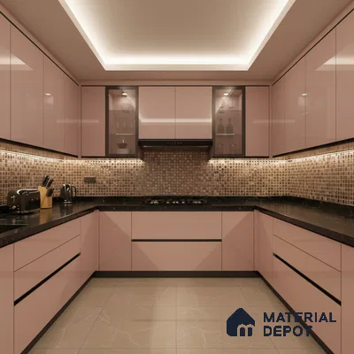 Modern U-shaped kitchen with pastel pink high gloss laminate, mosaic tile backsplash, and black quartz countertop in Bengaluru