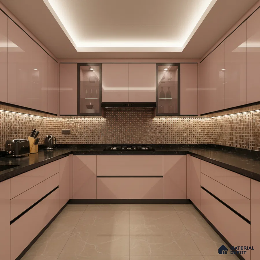Modern U-shaped kitchen with pastel pink high gloss laminate, mosaic tile backsplash, and black quartz countertop in Bengaluru