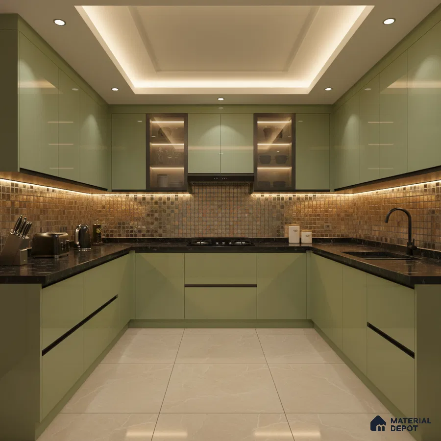 Modern U-shaped kitchen with sage green high gloss laminate, black granite countertop, and bronze mosaic backsplash tiles in Bengaluru