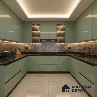 Modern U-shaped kitchen with sage green laminate, black quartz countertop, and metallic mosaic backsplash tiles in Bengaluru