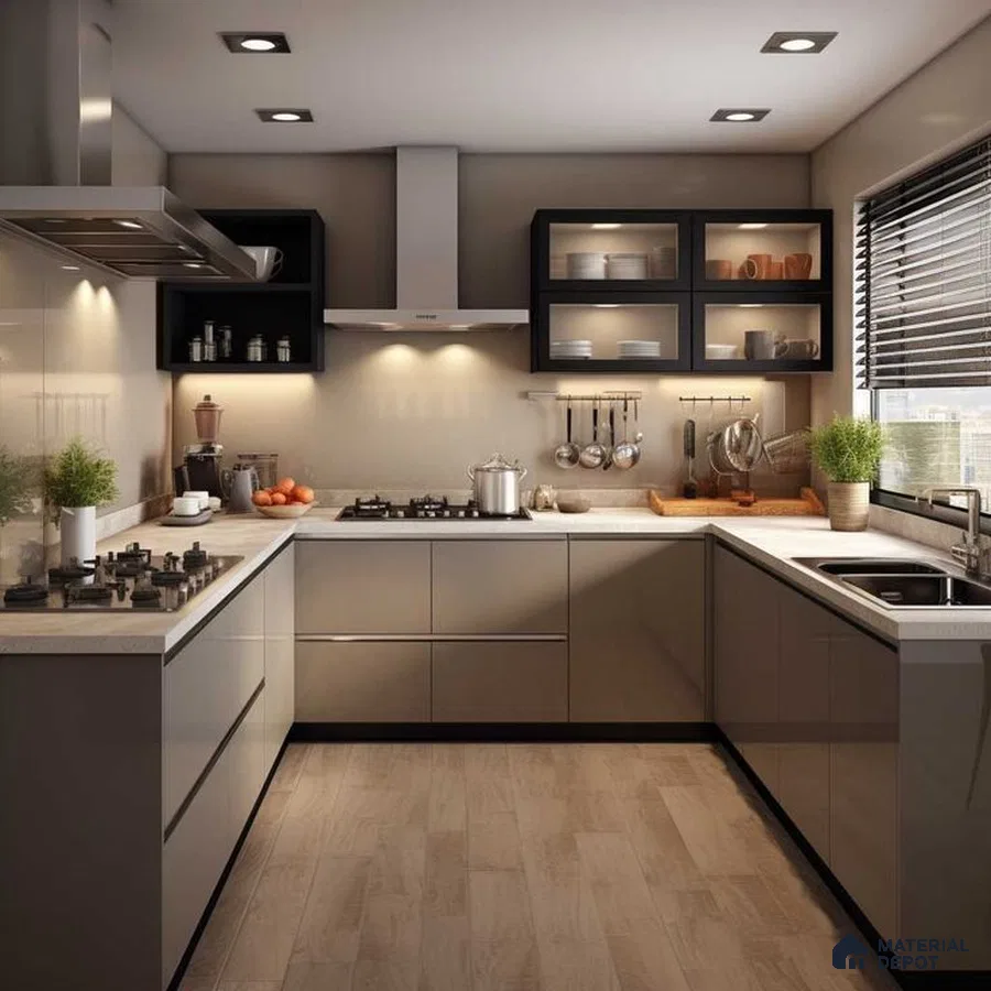 Modern U-shaped kitchen with taupe glossy laminate cabinets, white quartz countertop, and light oak wood-look floor tile in Bengaluru | Material Depot