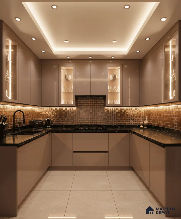 Modern U-shaped kitchen with taupe high gloss laminate, black granite countertop, and bronze mosaic backsplash tiles in Bengaluru