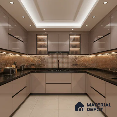 Modern U-shaped kitchen with taupe high gloss laminate, black marble countertop, and bronze mosaic backsplash tiles in Bengaluru