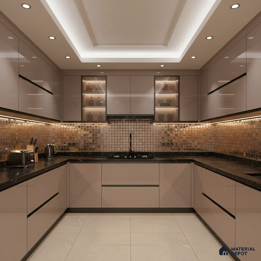 Modern U-shaped kitchen with taupe high gloss laminate, black marble countertop, and bronze mosaic backsplash tiles in Bengaluru