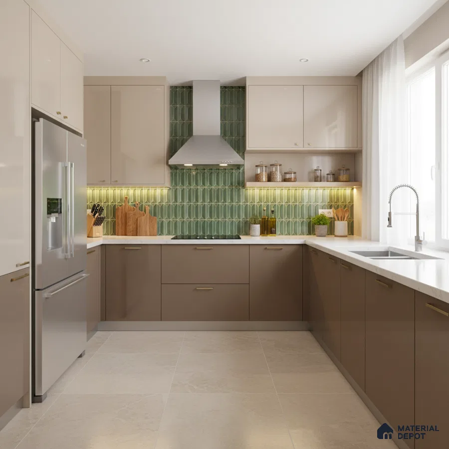 Modern U-shaped kitchen with taupe laminate cabinets, white quartz countertop, and green geometric backsplash tile in Bengaluru