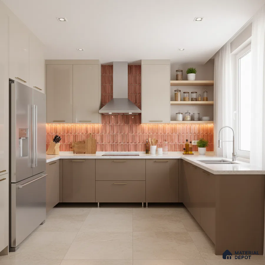 Modern U-shaped kitchen with taupe laminate cabinets, white quartz countertop, and terracotta geometric backsplash tiles in Bengaluru
