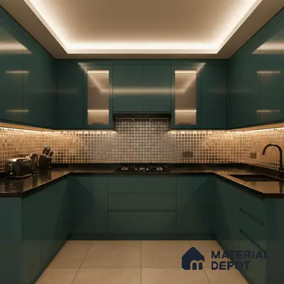 Modern U-shaped kitchen with teal laminate cabinets, mosaic backsplash tiles, and black countertop in Bengaluru