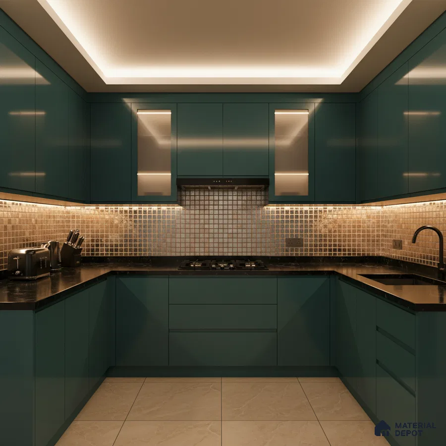 Modern U-shaped kitchen with teal laminate cabinets, mosaic backsplash tiles, and black countertop in Bengaluru