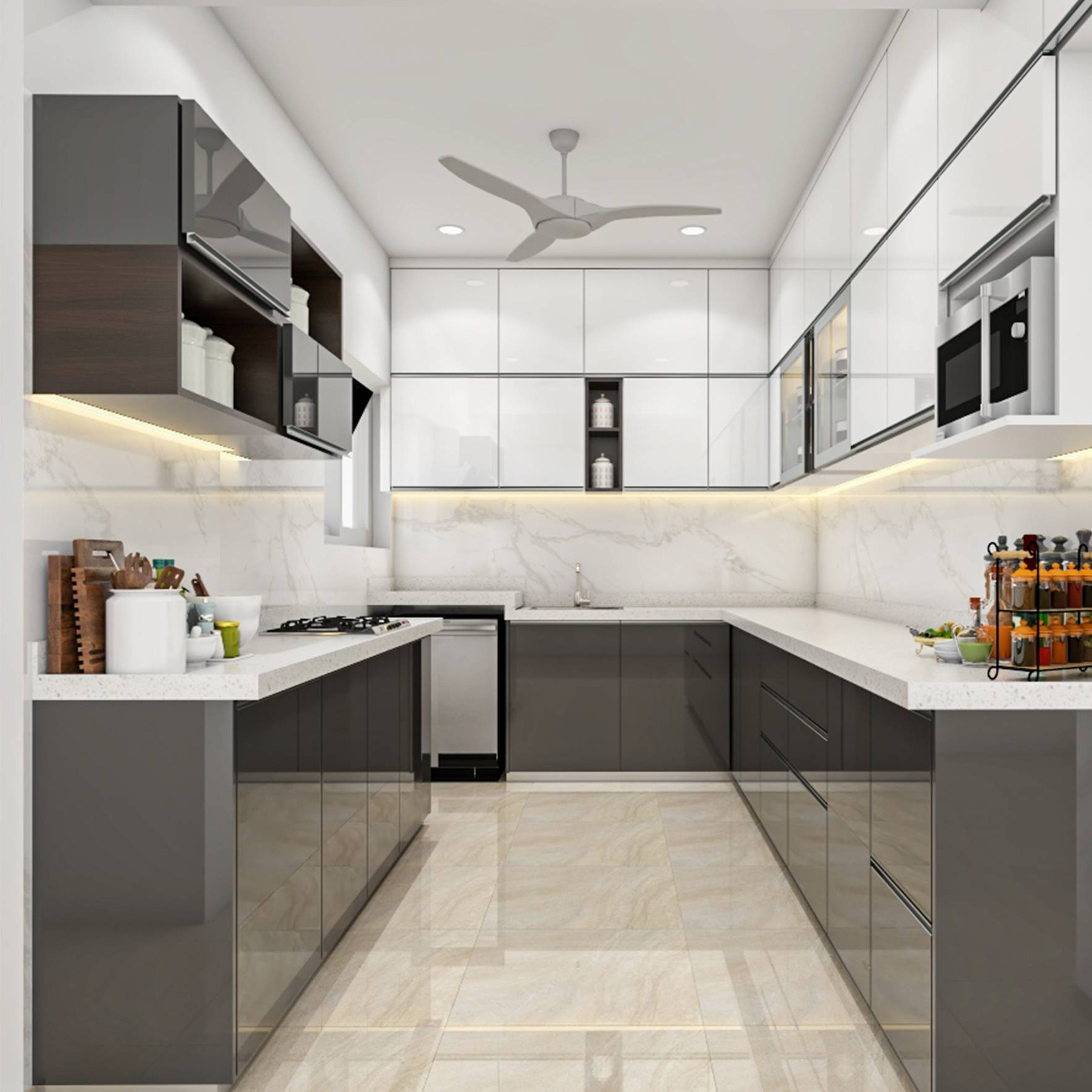 Modern U-shaped kitchen with white and grey high gloss laminate, white quartz countertop, and marble-look backsplash in Bengaluru | Material Depot