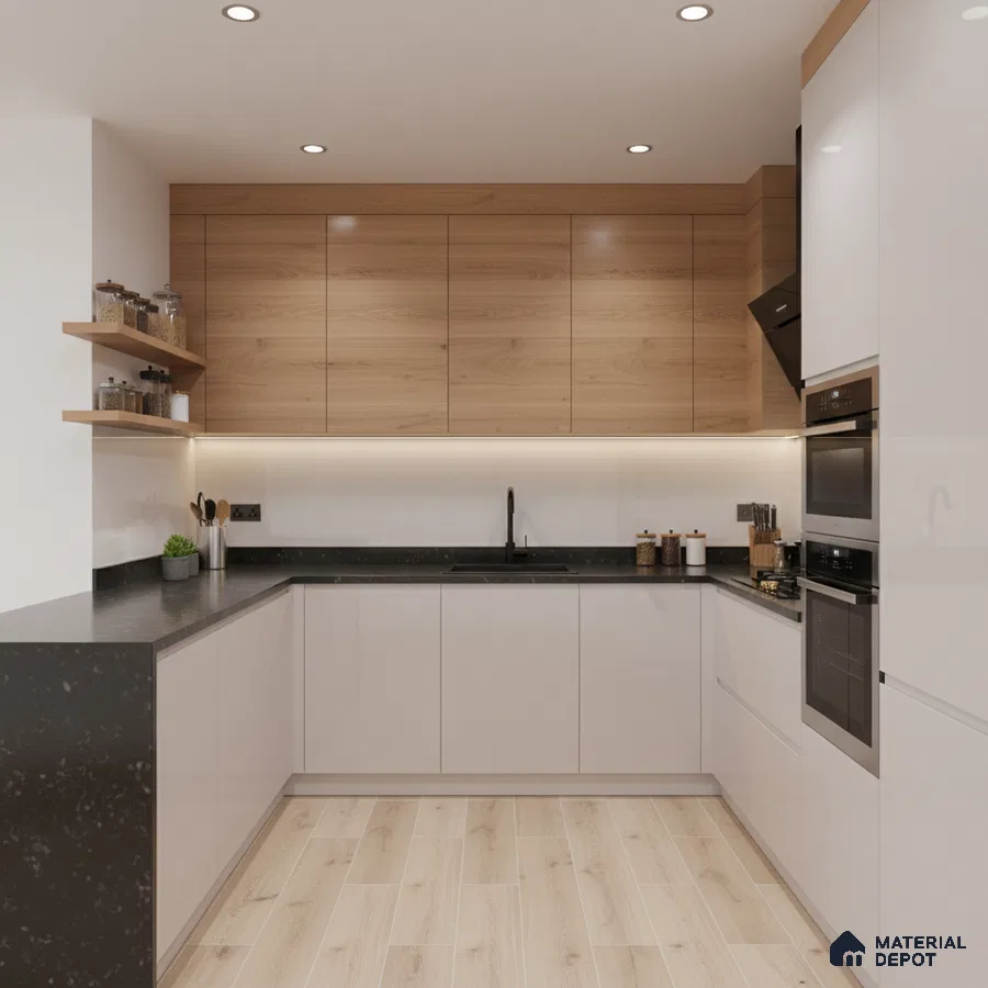 Modern U-shaped kitchen with white high gloss laminate, natural oak laminate, and black quartz countertop in Bengaluru