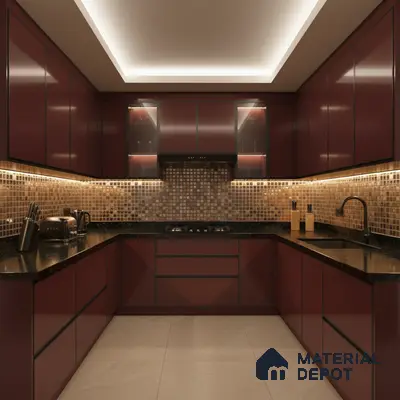 Modern U-shaped kitchen with wine red high gloss laminate, black granite countertop, and mosaic tile backsplash in Bengaluru