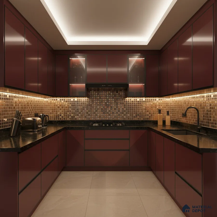 Modern U-shaped kitchen with wine red high gloss laminate, black granite countertop, and mosaic tile backsplash in Bengaluru