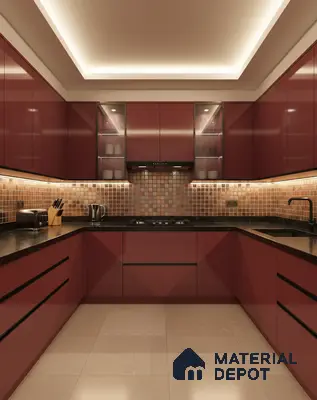 Modern U-shaped kitchen with wine red high gloss laminate, mosaic tile backsplash, and black granite countertop in Bengaluru