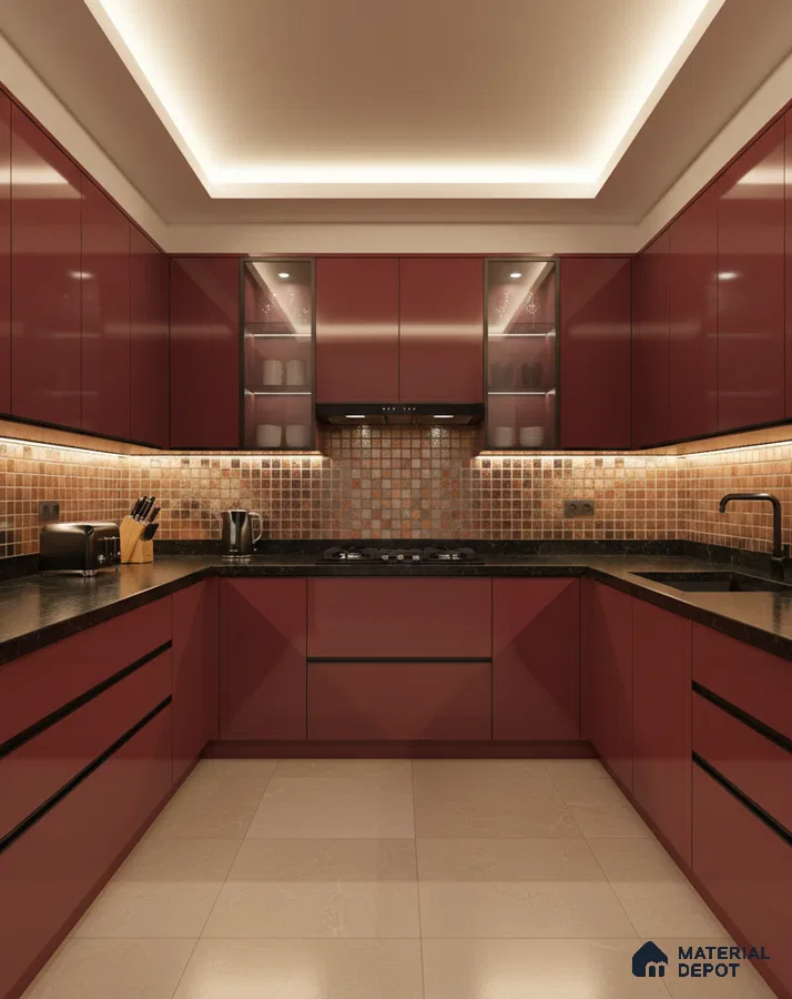 Modern U-shaped kitchen with wine red high gloss laminate, mosaic tile backsplash, and black granite countertop in Bengaluru