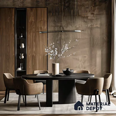 Modern Wabi-Sabi Dining Room with Exposed Brick Wall and Round Table | Material Depot