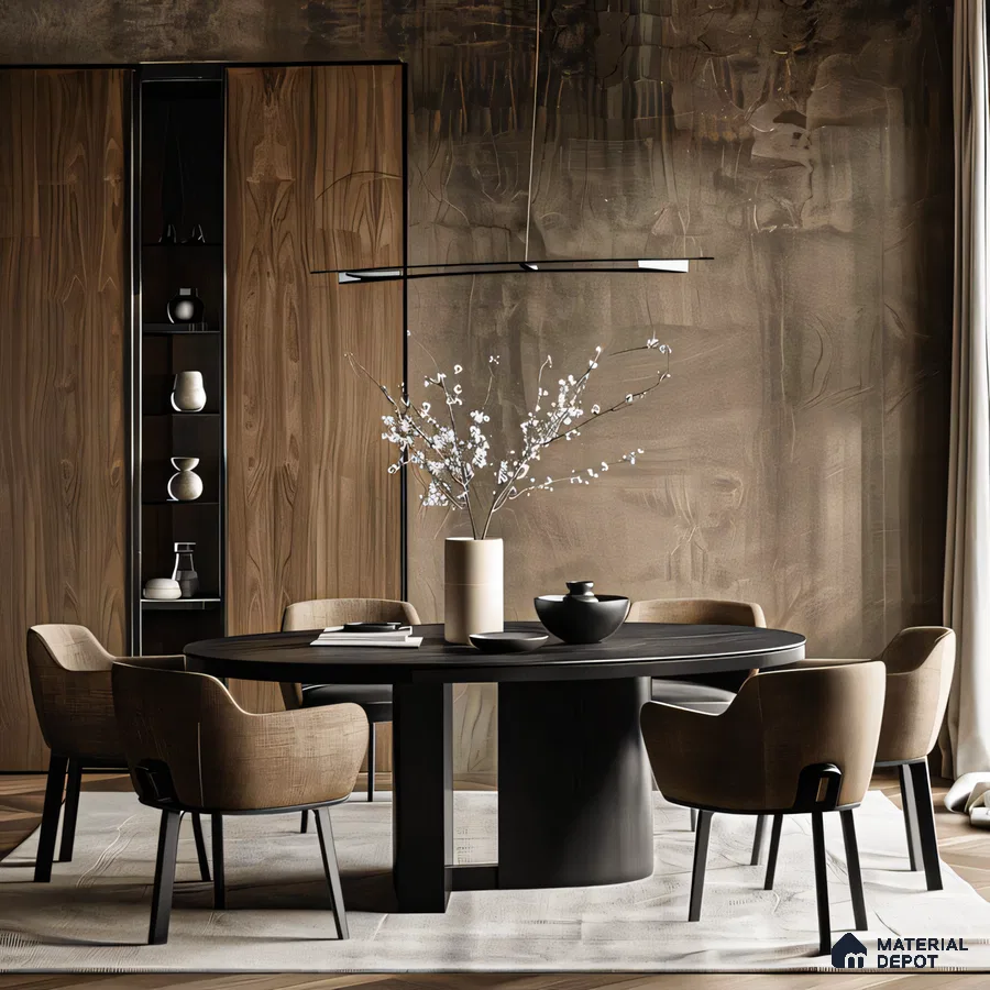 Modern Wabi-Sabi Dining Room with Exposed Brick Wall and Round Table | Material Depot