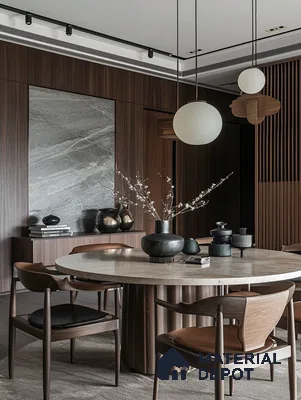 Modern Wabi-Sabi Dining Room with Marble Table and Cloud-Shaped Partition | Material Depot