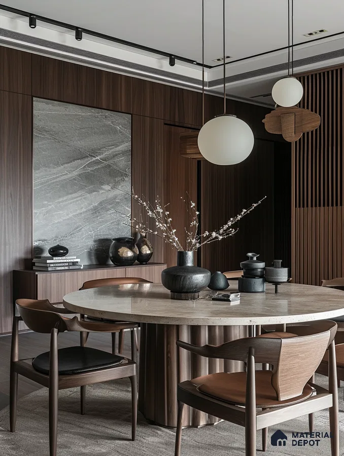 Modern Wabi-Sabi Dining Room with Marble Table and Cloud-Shaped Partition | Material Depot