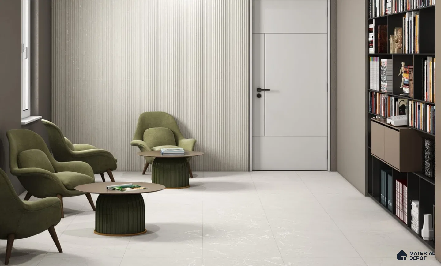 Modern Waiting Lounge with Fluted Textured Wall Tiles | Material Depot