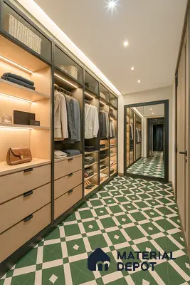 Modern Walk-in Wardrobe with Open Storage and Patterned Floor Tiles | Material Depot