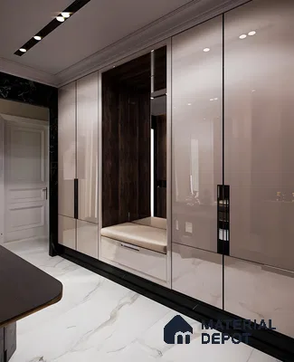 Modern Walk-In Closet with Marble Flooring and Slatted Wall | Material Depot