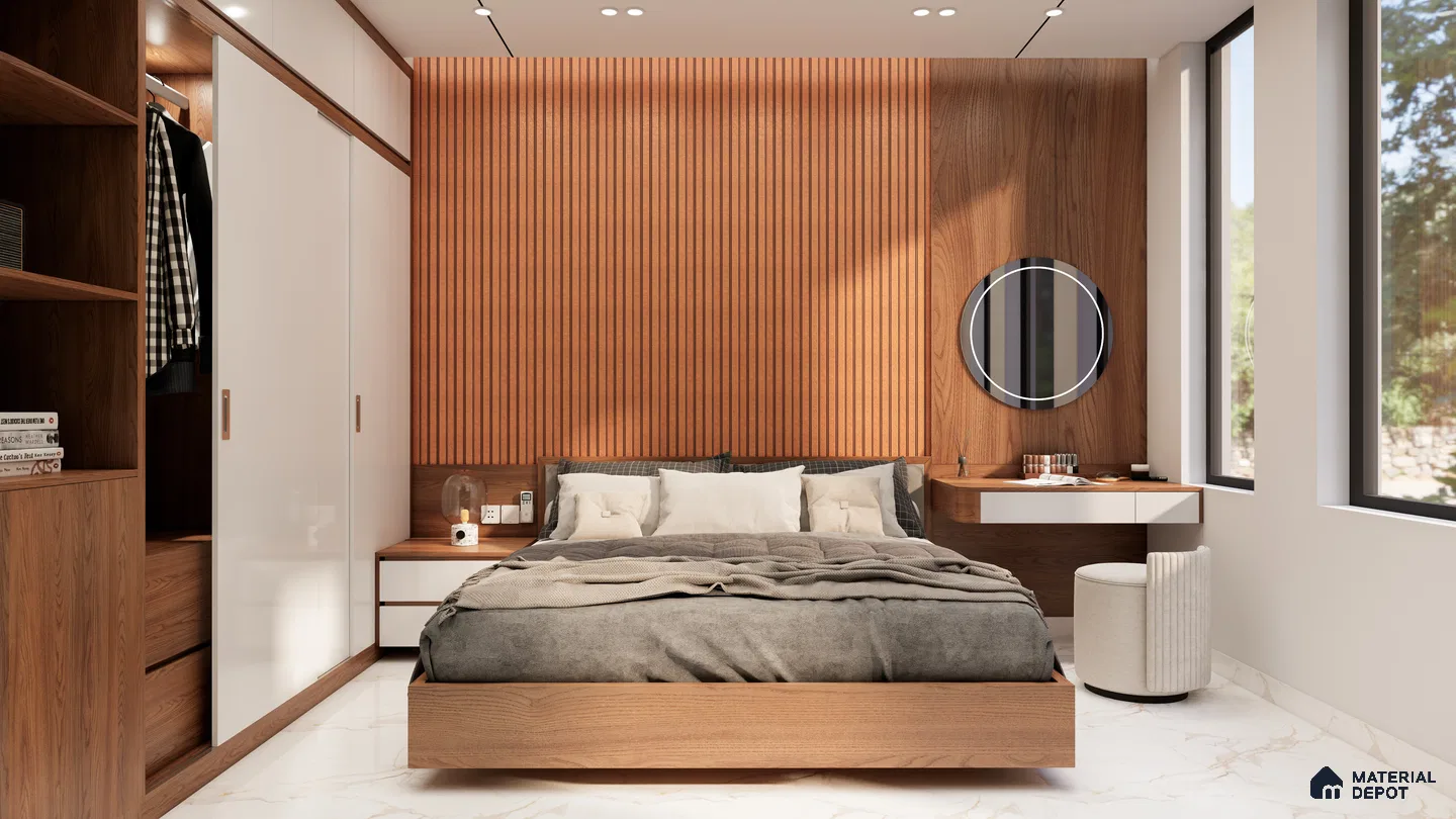 Modern Walnut Bedroom with Fluted Panels and Sleek Vanity Setup | Material Depot