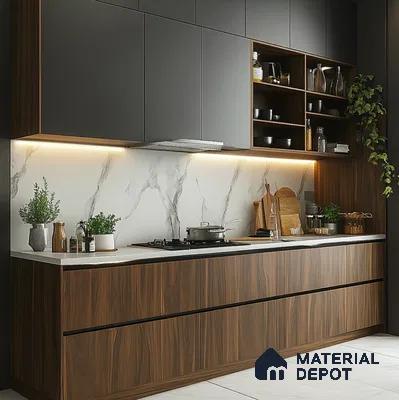 Modern Walnut Wooden Laminate Kitchen with Marble Backsplash | Material Depot