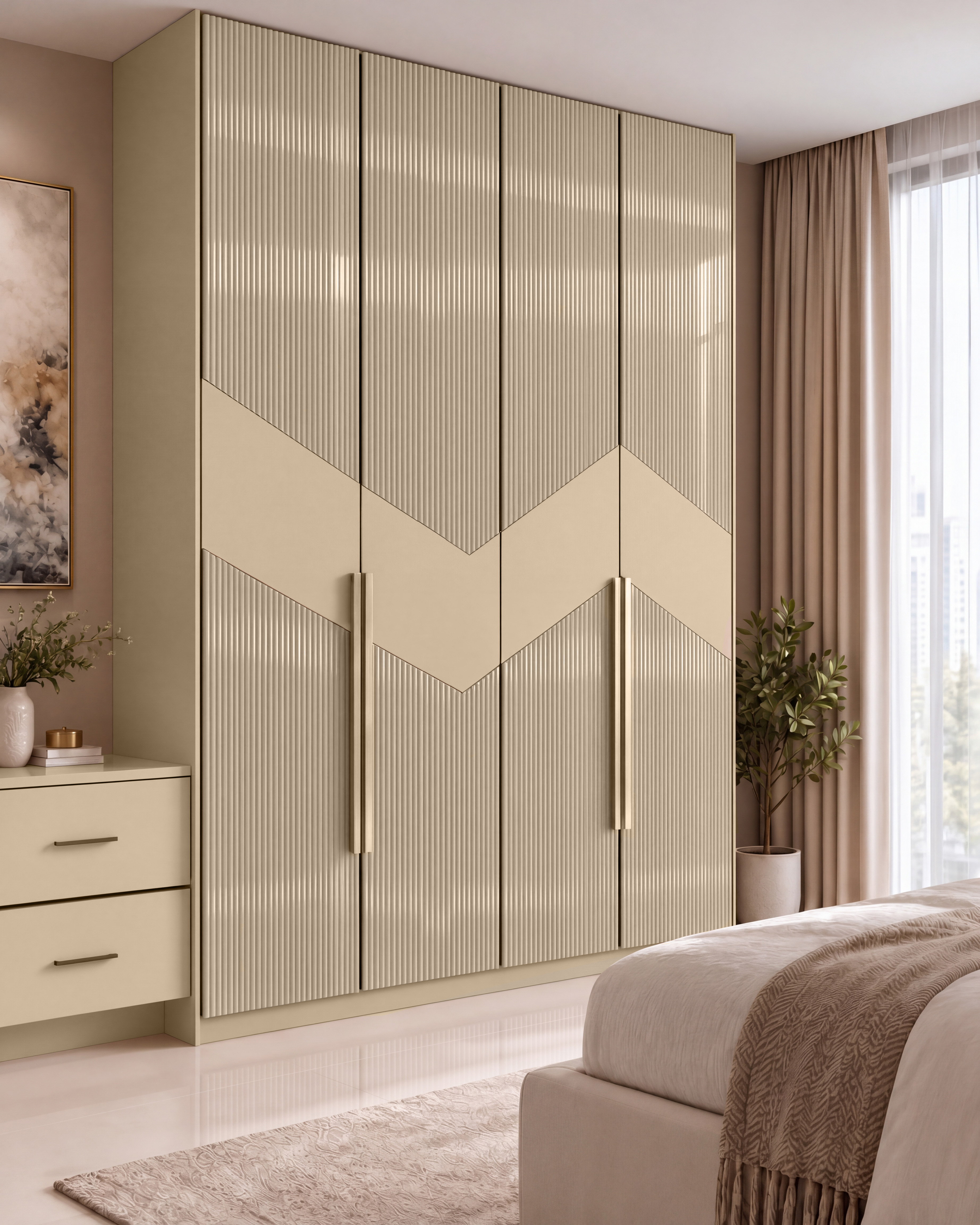 Bedroom Wardrobe with Petite Orchid Fluted High-Gloss and Toasted Almond Matte Chevron Band