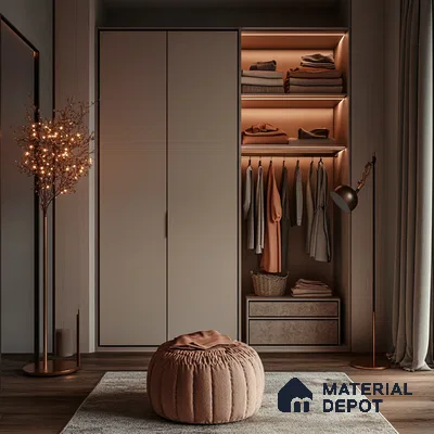 Modern Wardrobe with Ambient Lighting and Cozy Bedroom Accents | Material Depot