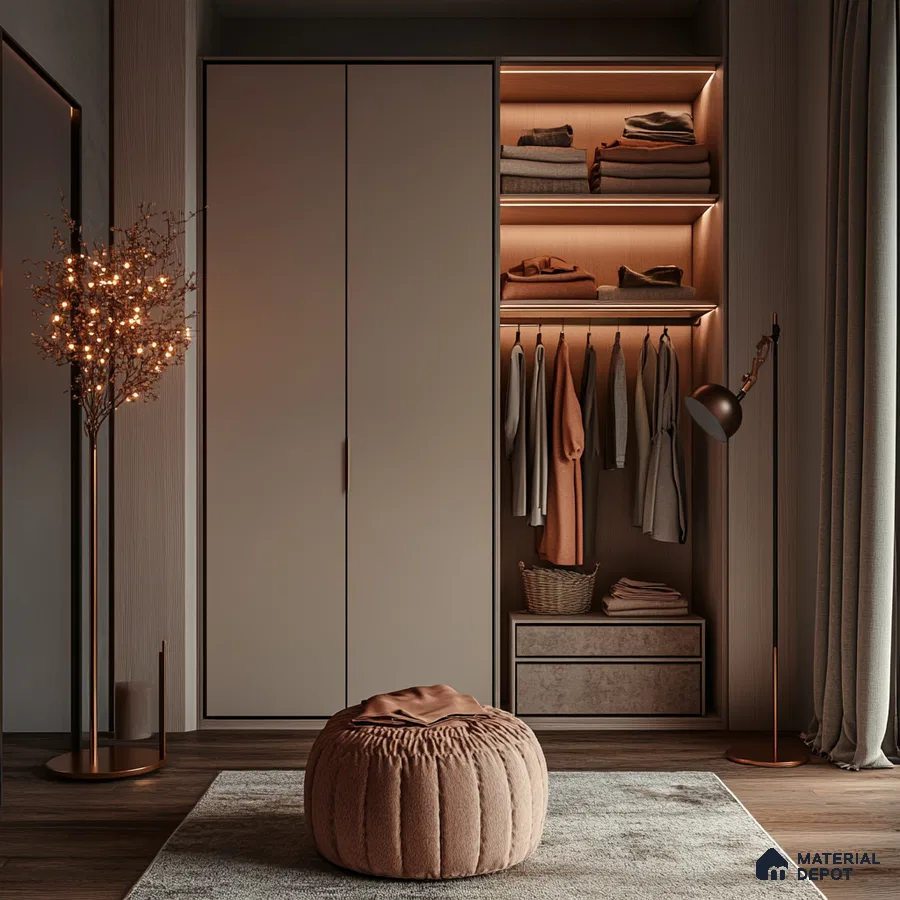 Modern Wardrobe with Ambient Lighting and Cozy Bedroom Accents | Material Depot