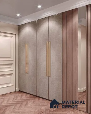 Modern wardrobe with beige fabric laminate, walnut wood fluted panels, and herringbone wooden flooring | Material Depot