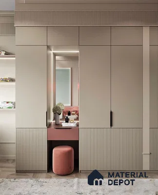 Modern wardrobe with beige fluted laminate, blush pink vanity, and chevron wooden flooring | Material Depot