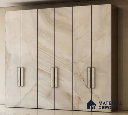 Modern wardrobe with beige marble-look laminate shutters and sleek handles | Material Depot