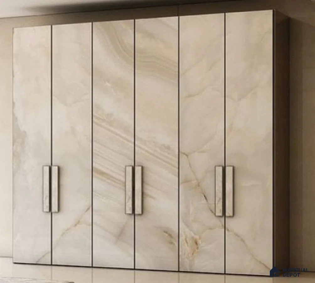 Modern wardrobe with beige marble-look laminate shutters and sleek handles | Material Depot